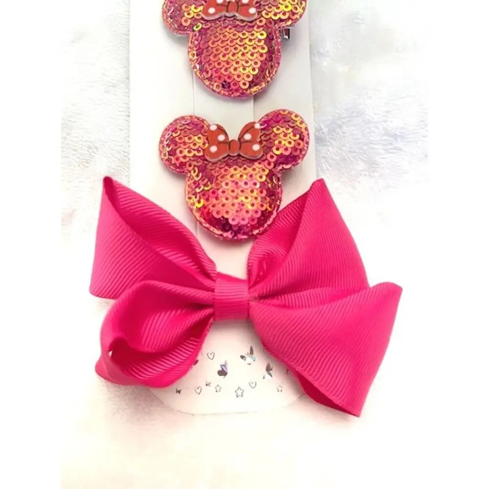 Minnie Mouse Dark Pink Sequin & Bow Hairclips for Girls-NEW